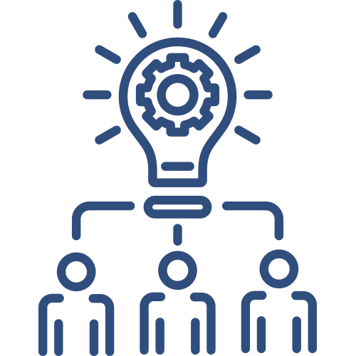A lightbulb with a gear wheel, and three people connected underneath.
